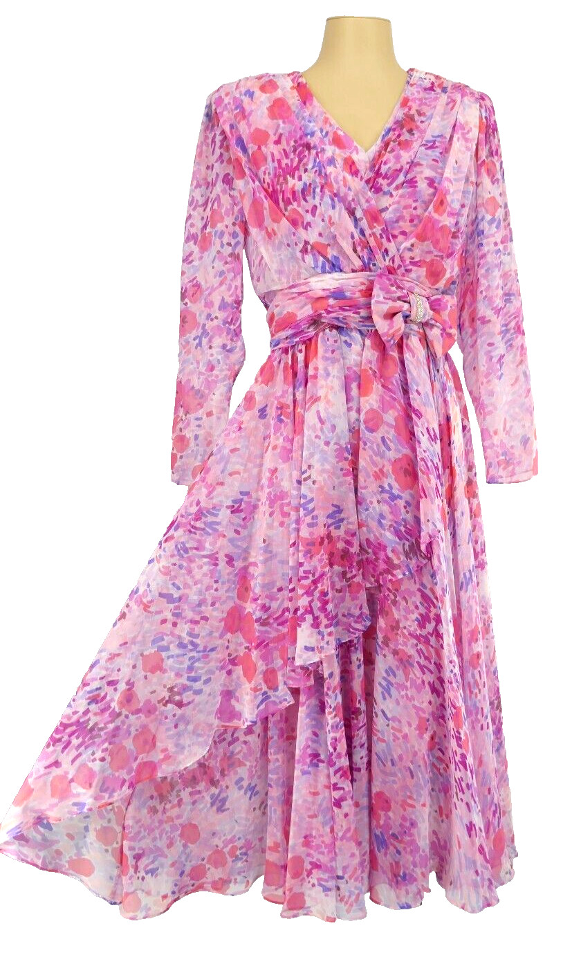 WOW ViNTAGE 70s MiSS ELLiETTE TiERED RUCHED ABSTRACT WATERCOLOR CHiFFON DRESS 10