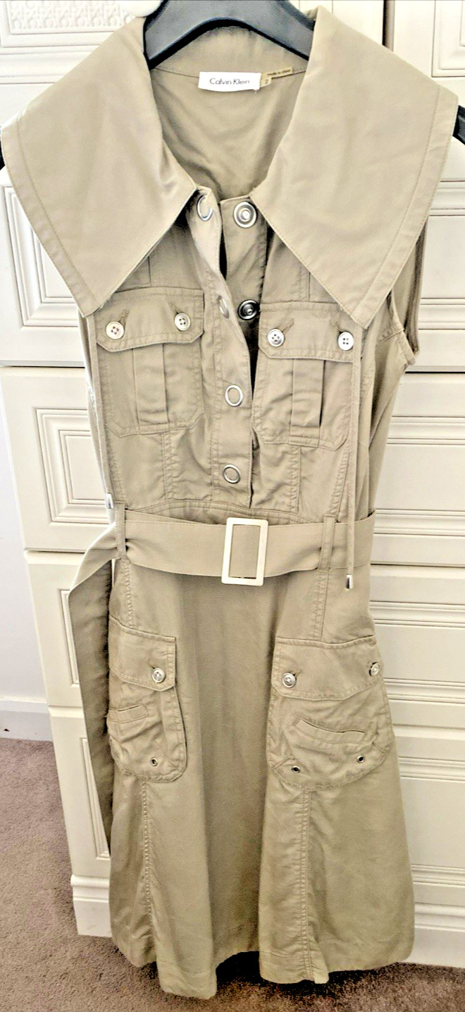 Calvin Klein Khaki Utility Shirt Dress With Belt Sleeveless Pockets UK 6 US 2