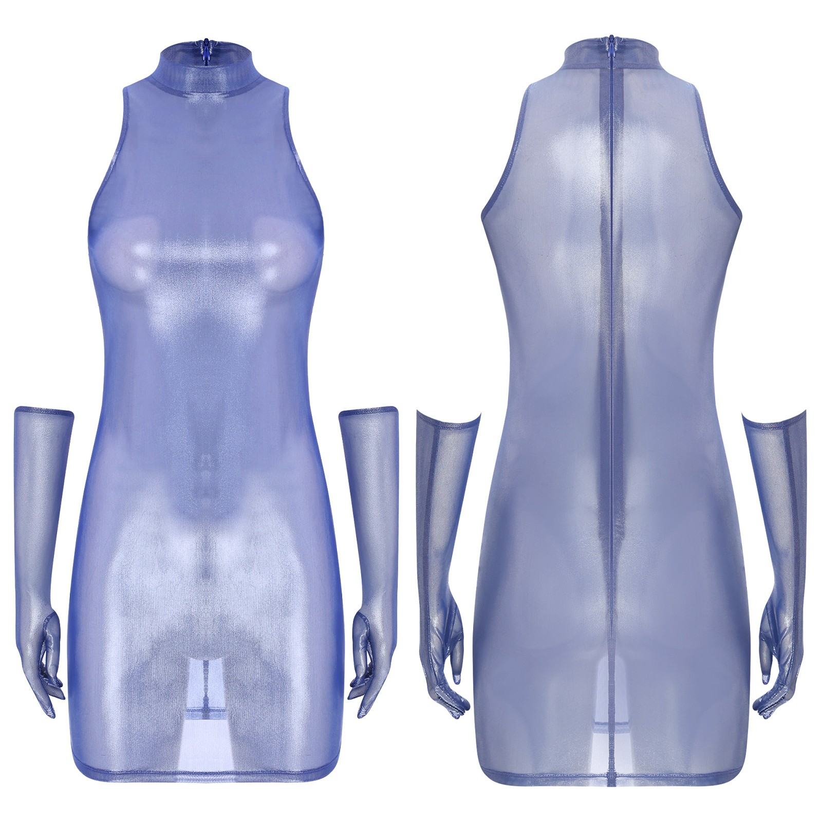 US Women’s Shiny See Through Bodycon Sleeveless Mini Dress with Gloves Clubwear