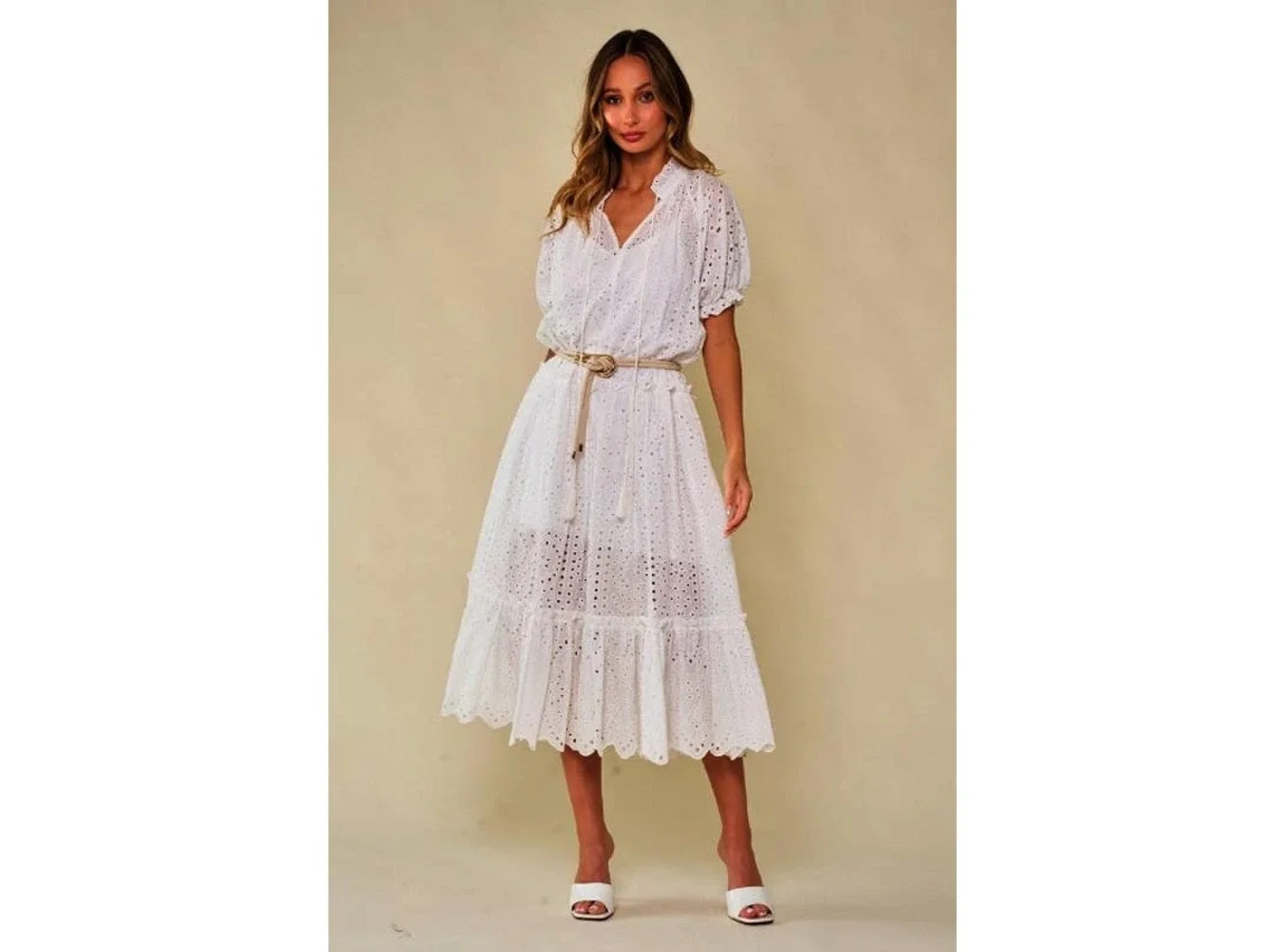 NWT Saints & Hearts Tiered Eyelet Peasant Dress in White S SUMMER COTTAGECORE