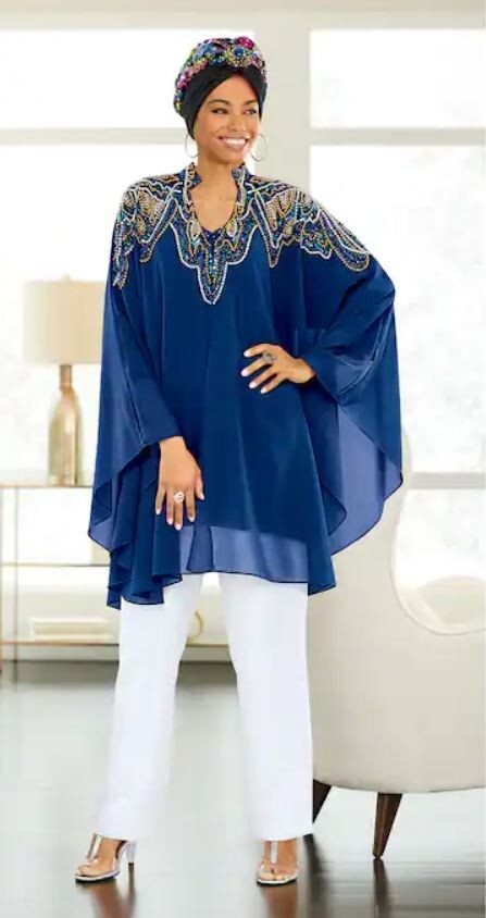 Ashro OSFM Shawna Open-Front Blue Sequin Beaded Embellished Formal Caftan