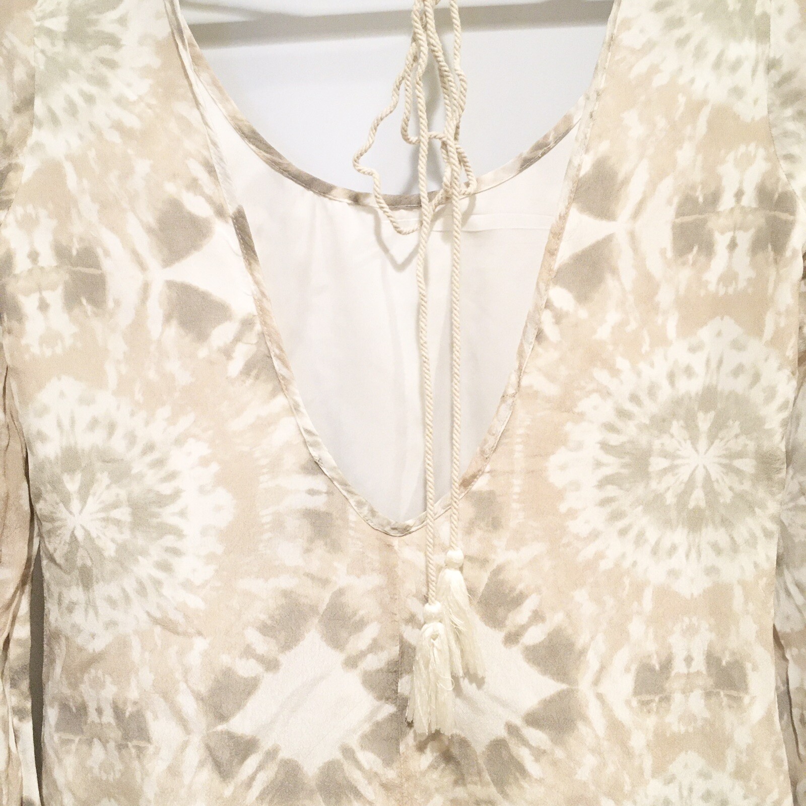 Winston White Bardot Dress Cream Tie Dye XS Boho Tassels Open Back Bell Sleeve