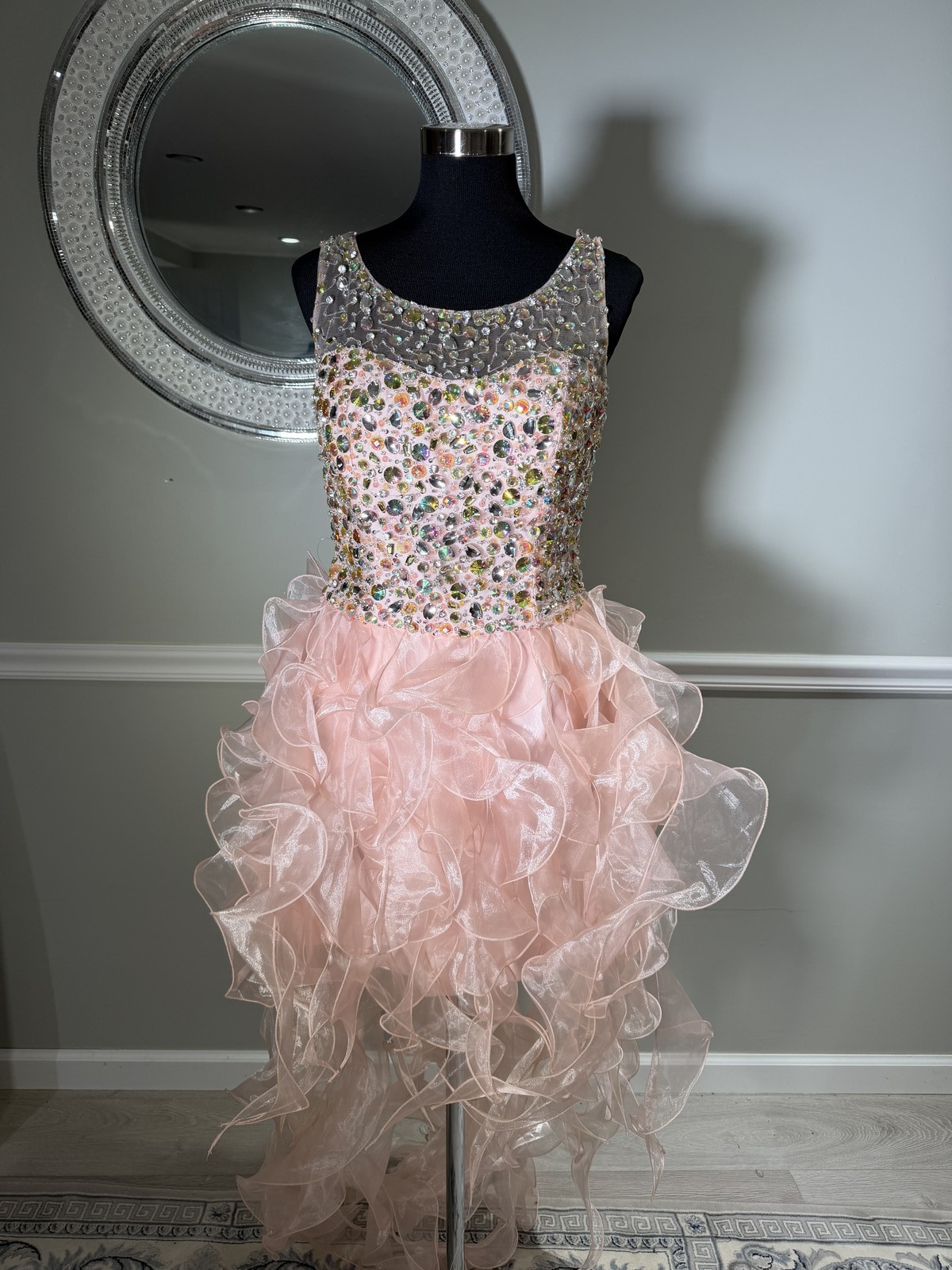 Colors Dress Style 1015 Blush Rhinestone Bodice Ruffle Organza Dress Size 12