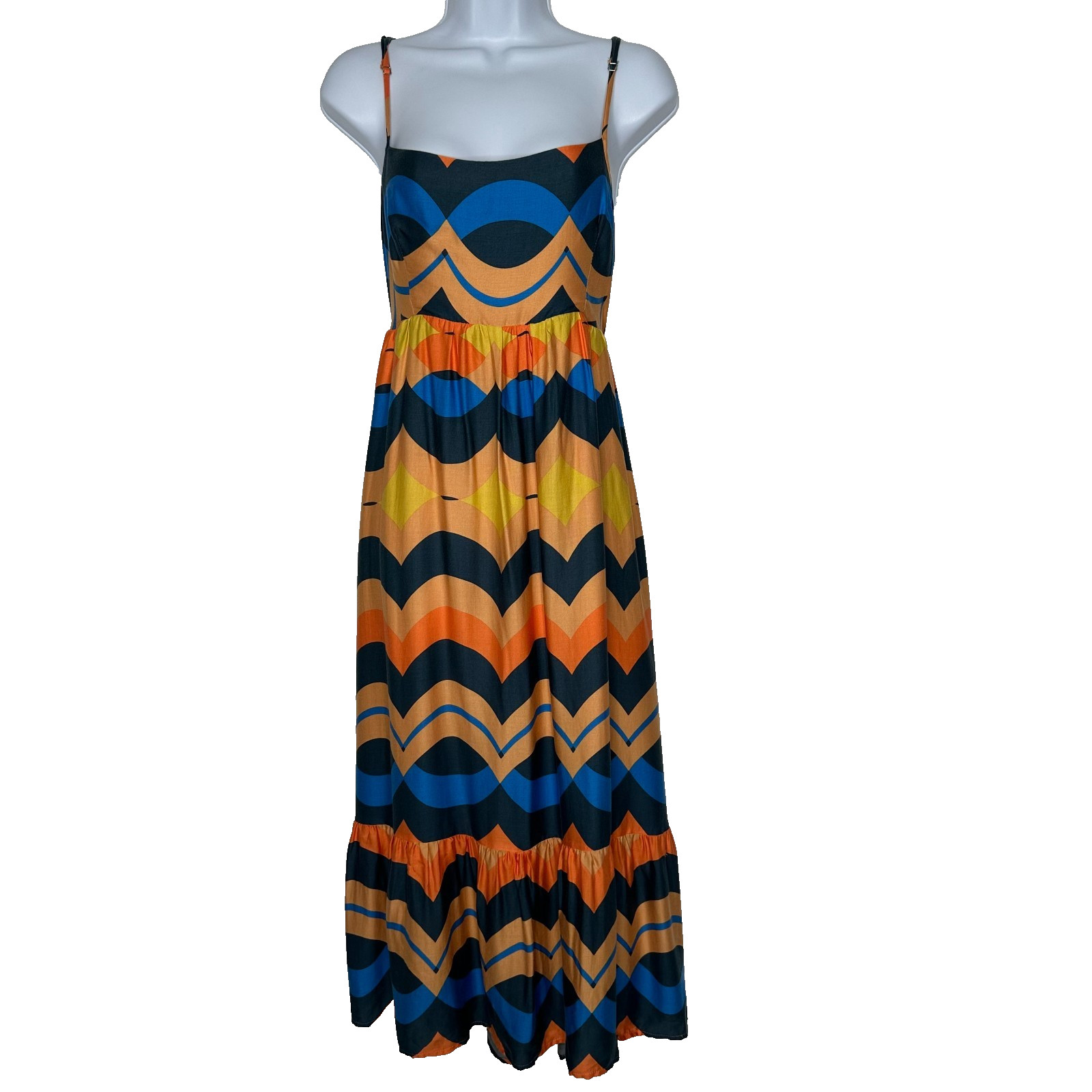 Olivaceous Tie Back Midi Dress Womens Size M Chevron Orange Blue Tiered Boho