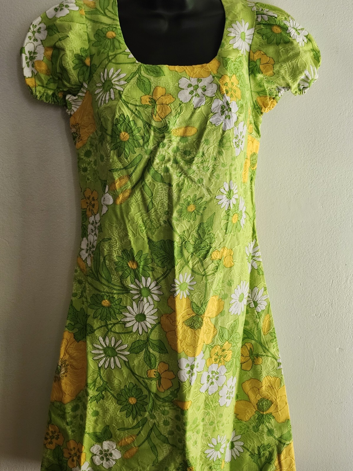 Vintage 60s Handmade Retro Twiggy Green/Yellow Flower Power Women’s Mini Dress S