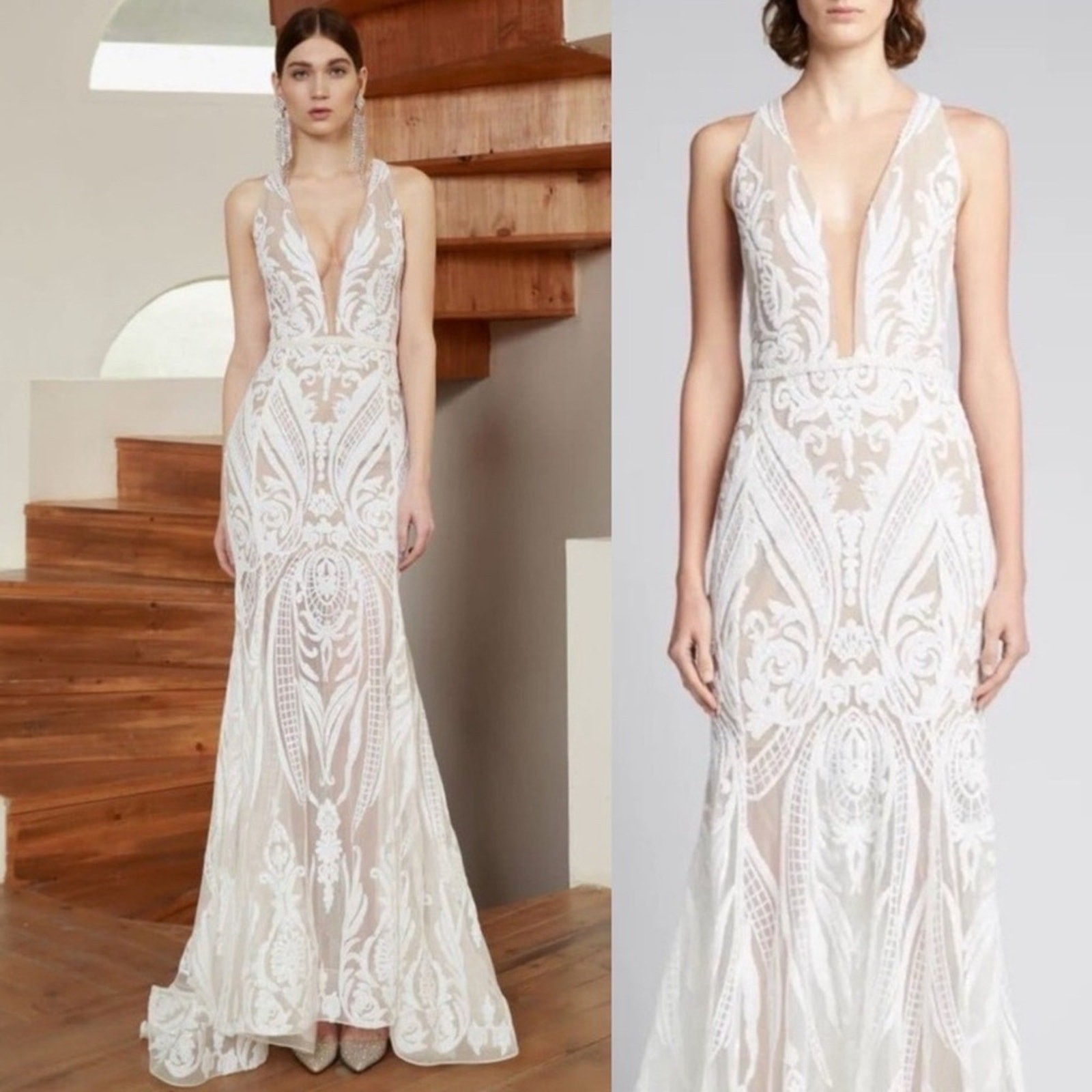 BRONX & BANCO Ester Sequin & Bead Embellished Plunge Neck Gown Size Small
