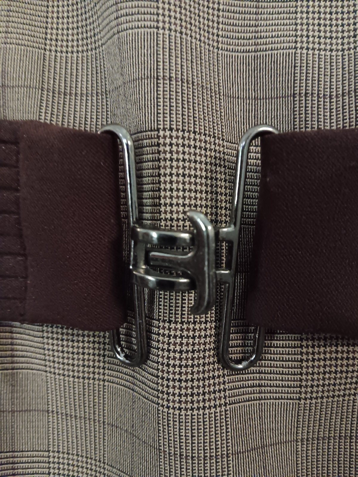 Karin Stevens dress 10 pin stripe plaid dark front belt/ 36 chest /40 in. Long