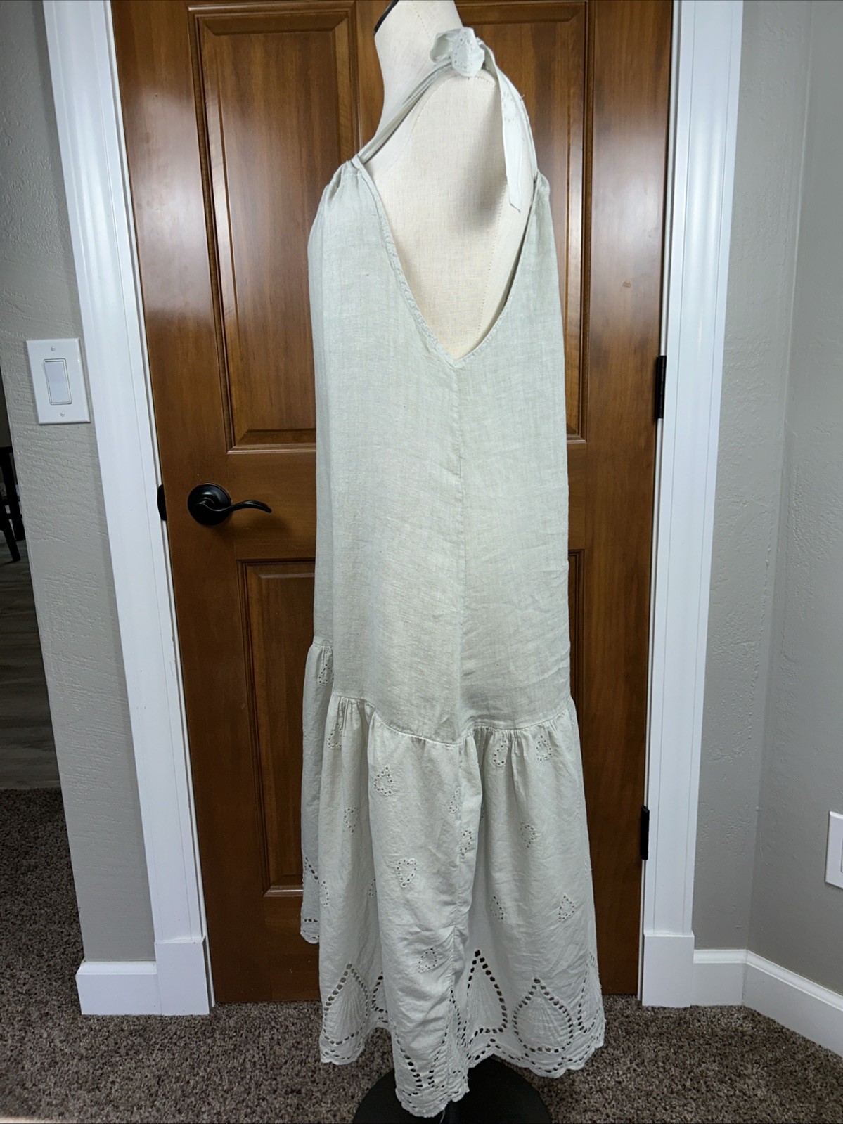 Valentina Naldi Sage 100% Linen Crochet Trim Tiered Relaxed Fit Midi Dress M