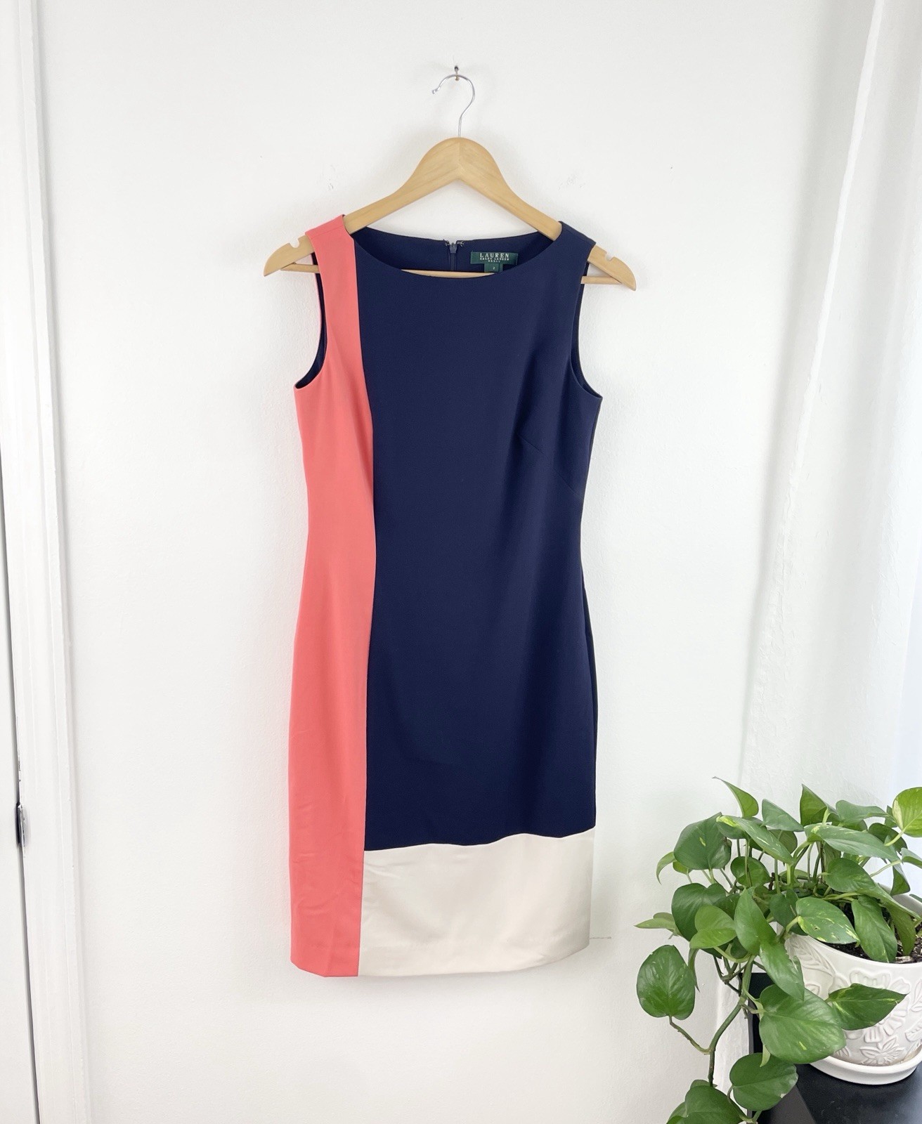 Ralph Lauren 2 Navy Pink White Sleeveless Sheath Dress Women’s 2 Knee Length