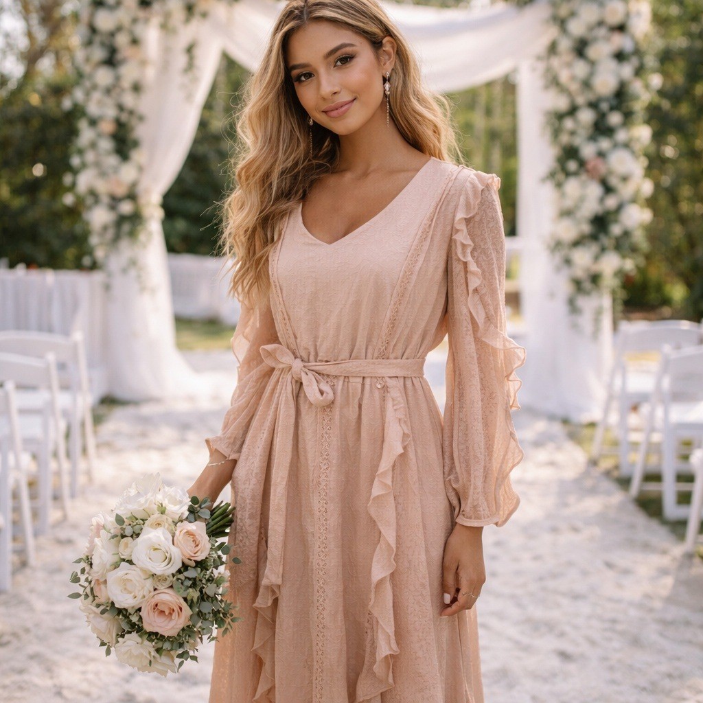 By The River Peach Eyelet Ruffle Midi Dress V-Neck Long Sleeve Boho Large