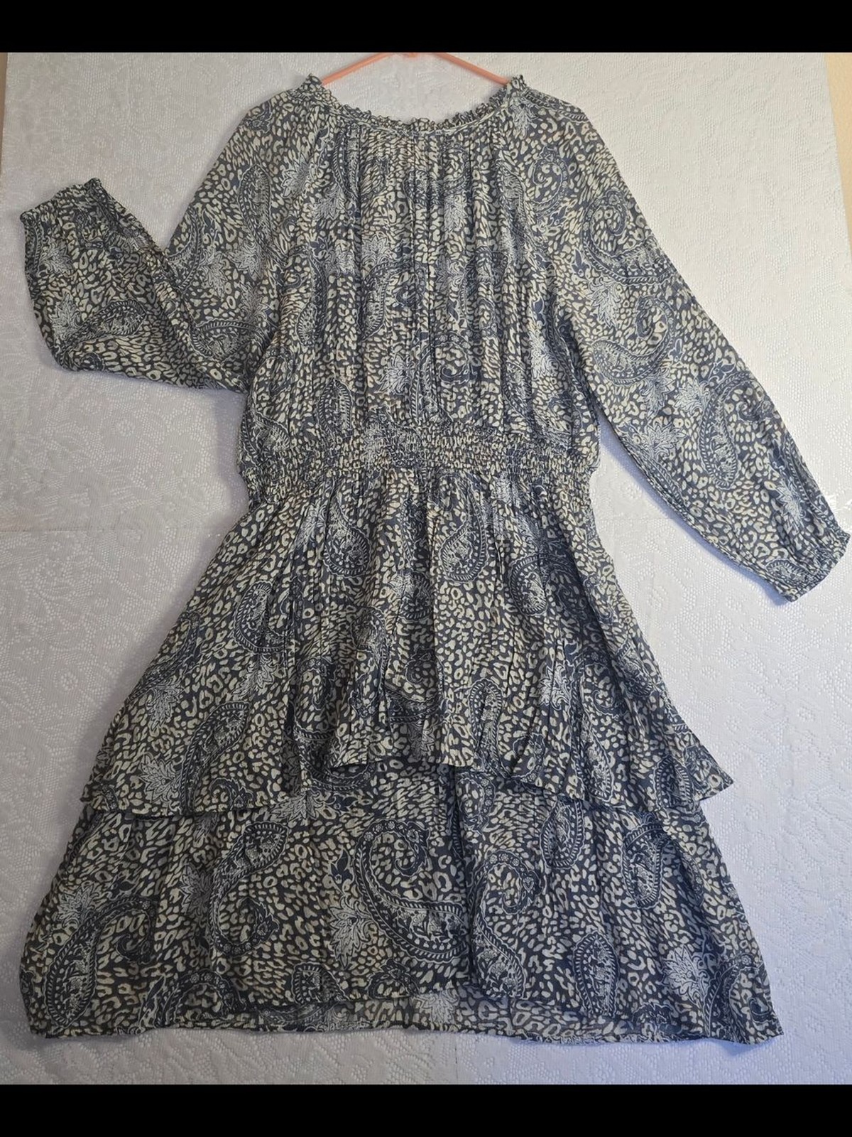 Indigo Rose Blue Mixed Paisley Smocked Waist Tiered High-Low Peasant Dress
