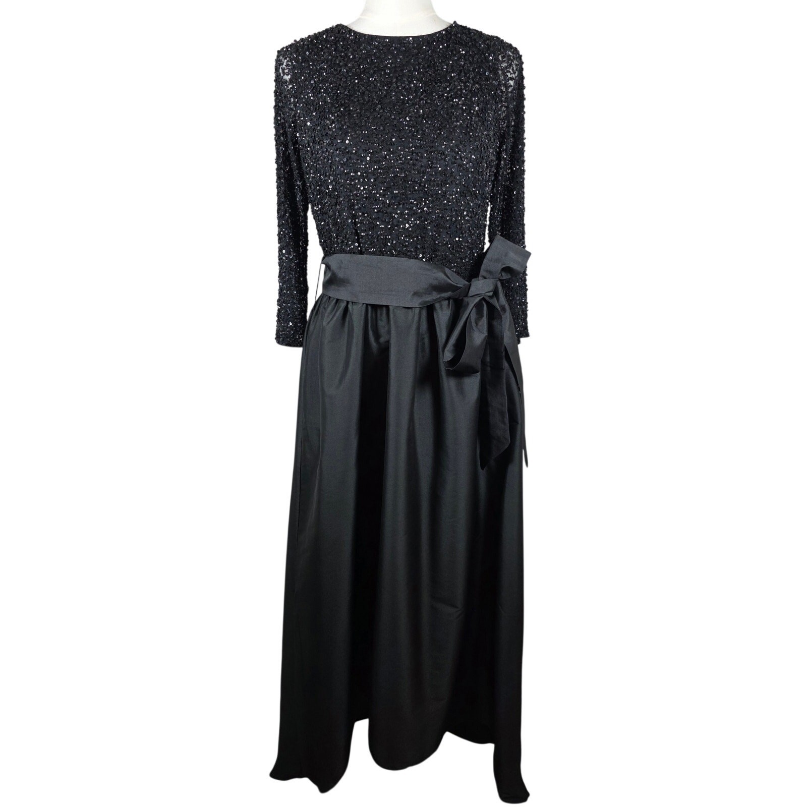 NWT 8 Pisarro Nights Black 3/4 Sleeve Lined Sequin Dress w/Back Zip & Hi-Lo Hem
