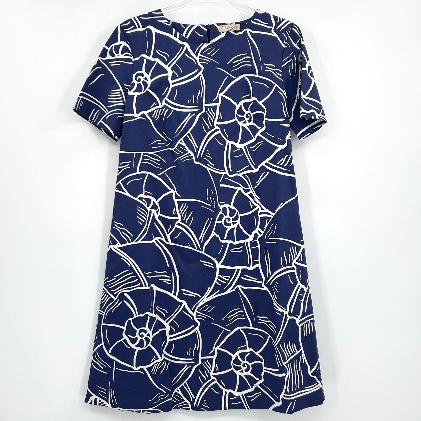 Purotatto Italy Blue Shell Print Shift Dress Short Sleeve EU 42 Coastal Luxury