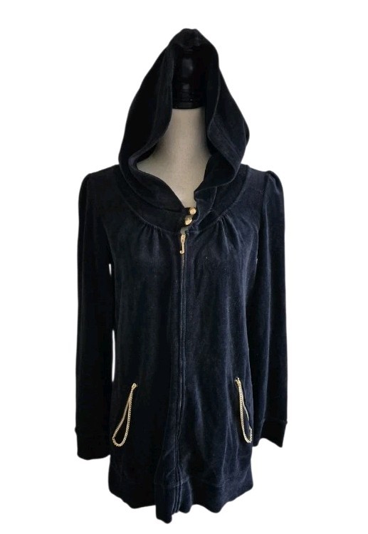 Vintage y2k Juicy Couture Black Velour Hoodie Mini Dress Full Zip Large USA Made
