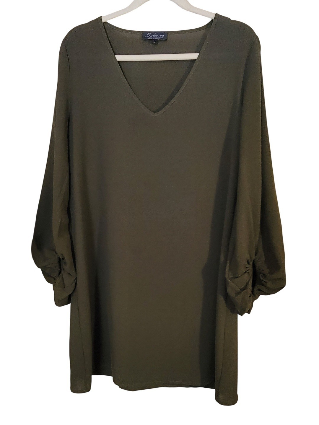 Solersun Olive Green V-Neck Balloon Sleeve Shift Mini Dress Large