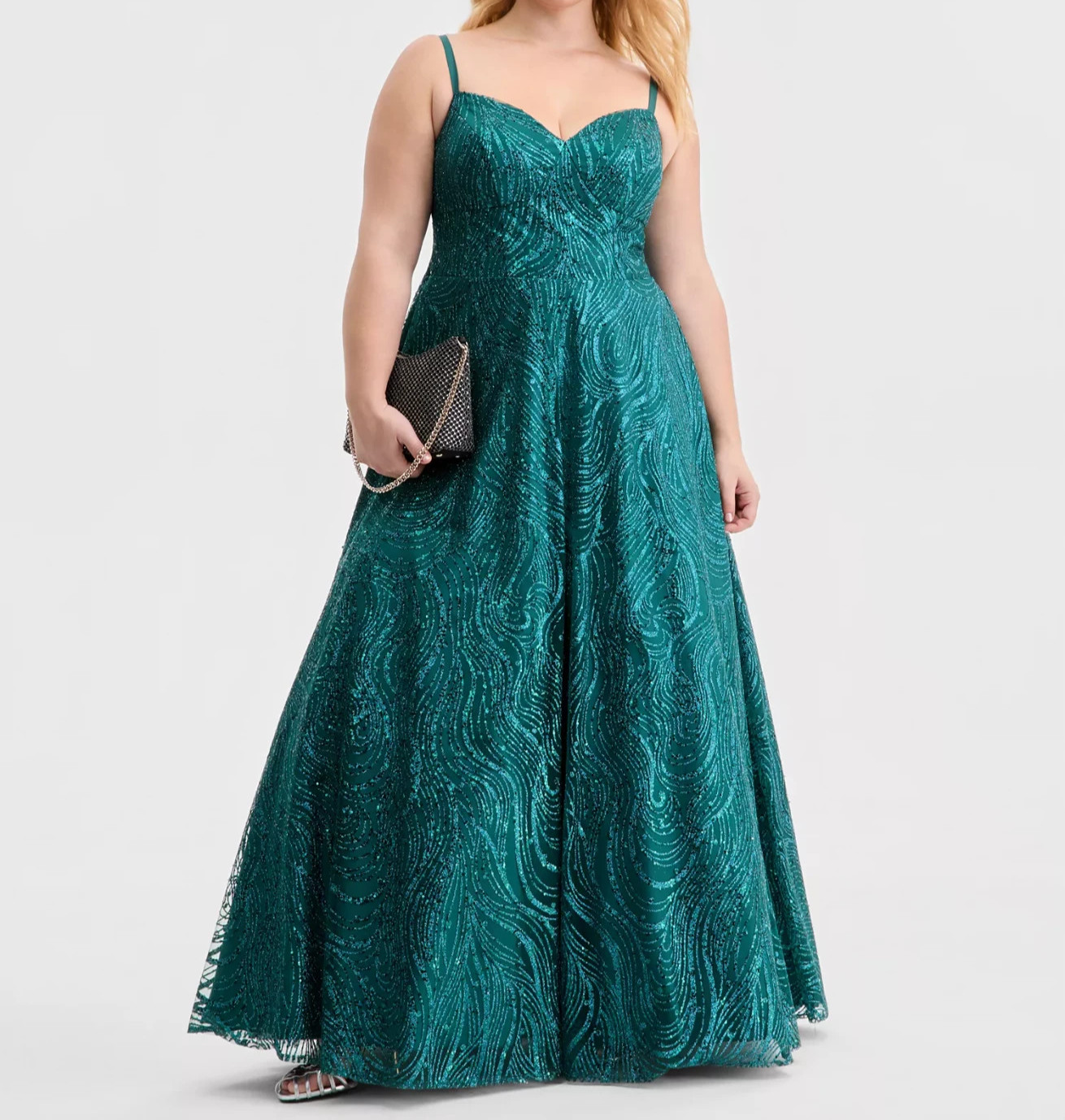 Say Yes Women’s Green Trendy Glitter V Neck Lined Mesh Zipper Gown Size 22W NWT