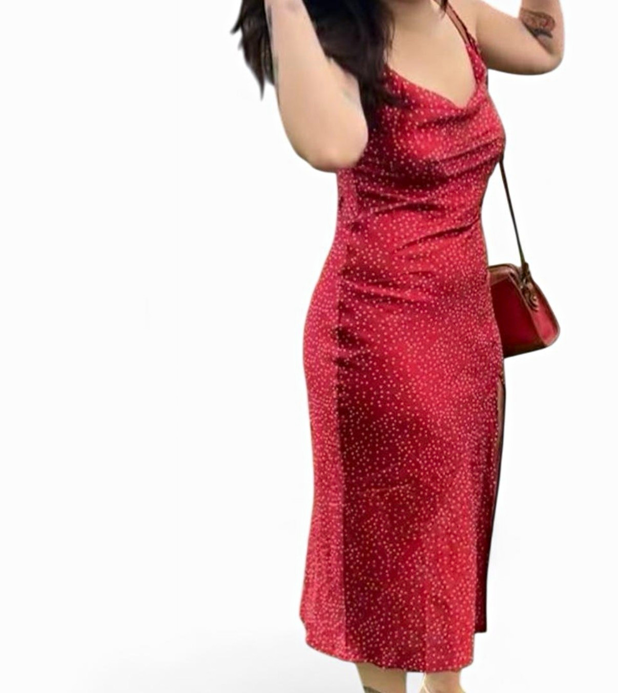 Paper Heart Red/White Polka Dot Cowl Neck Midi Slip Dress S Side Slit