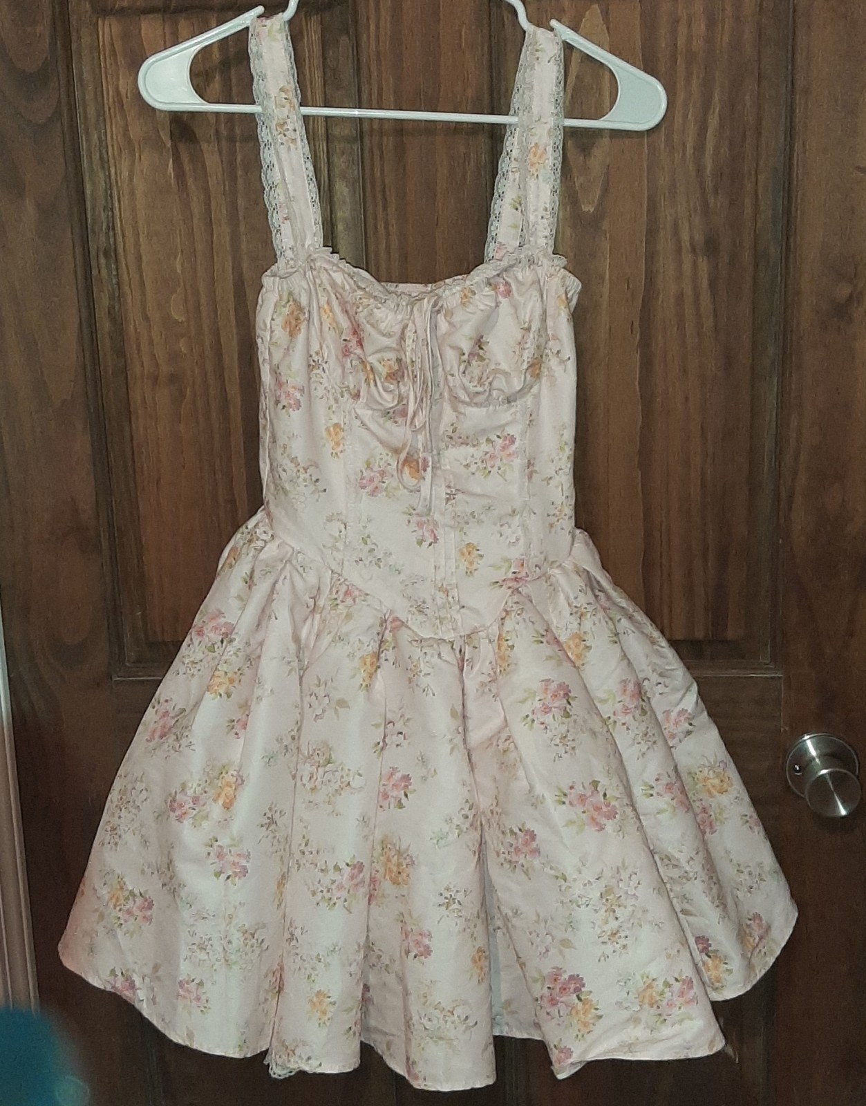 Women’s Pink Floral Sweetheart Sleeveless A-Line Short Sundress w/ Lace Accents