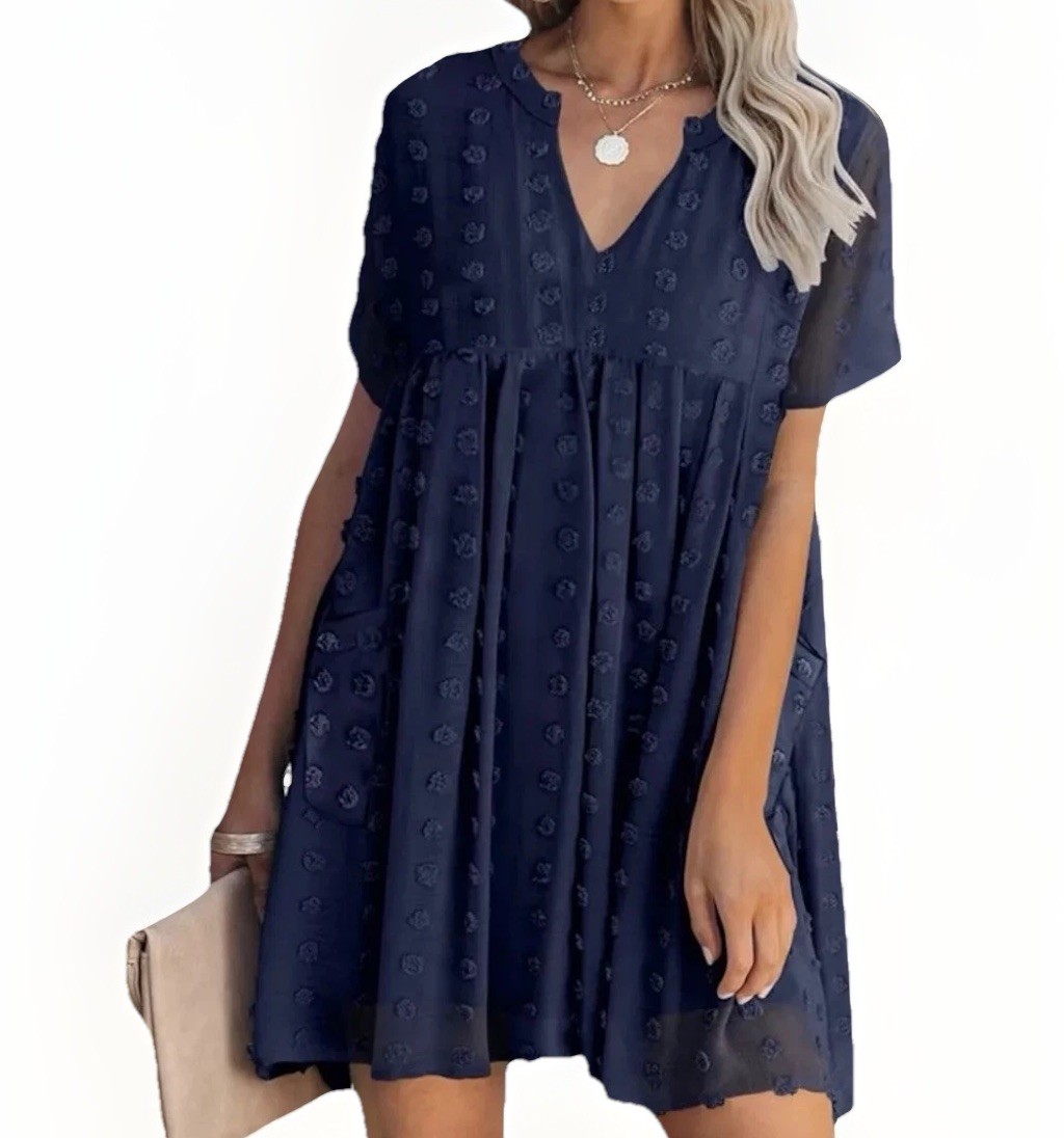 NEW MIHOLL S Navy Blue Mini Babydoll Short Sleeve Lined Dress Pockets Barbiecore