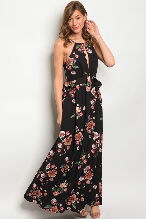 Black Floral Peplum Maxi Dress Size Medium Boat Neck Peek A Boo