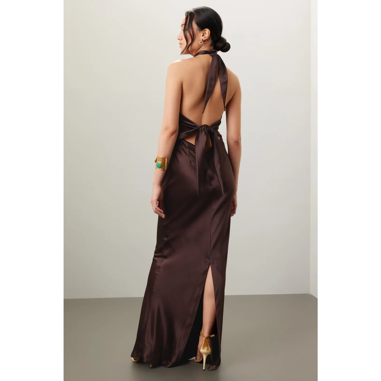 Retrofete Ester Brown Satin Tie Back Sheath Formal Dress, Prom Wedding Guest L