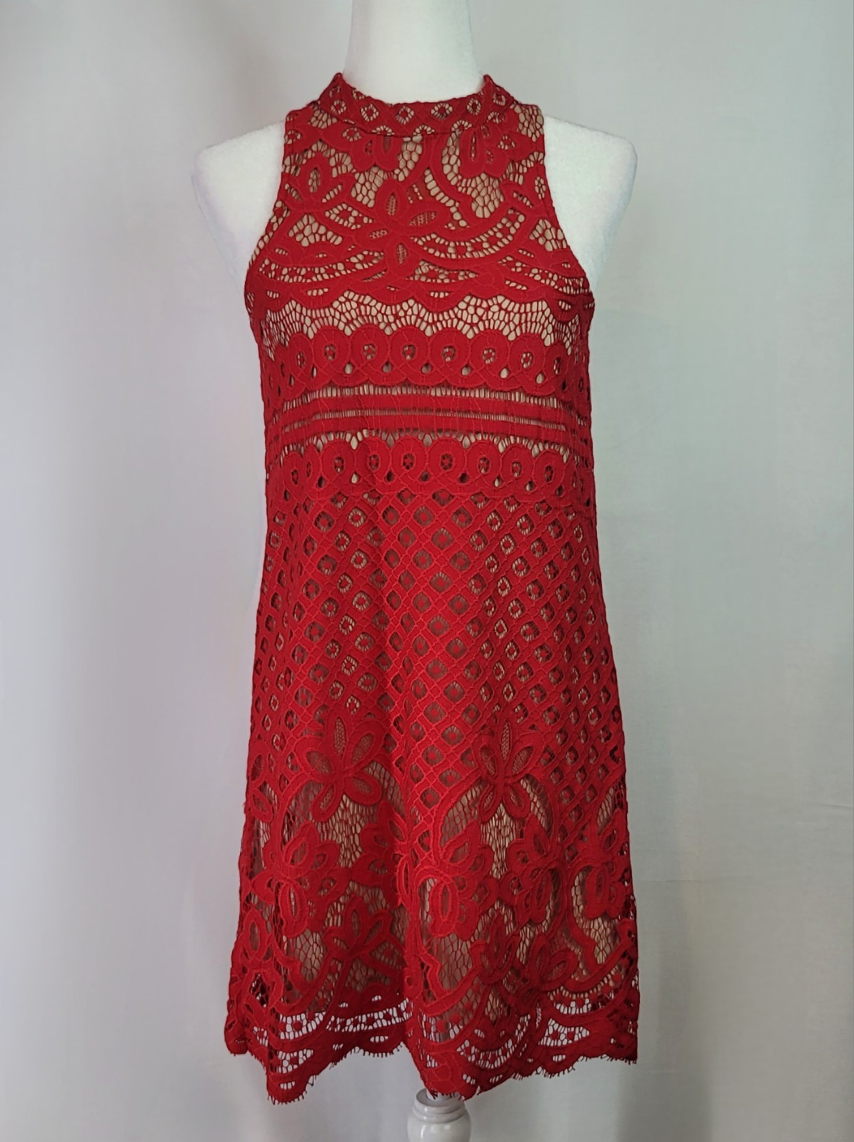 Red FRANCESCA’S Crochet Lace Halter Lined Bodycon Shift Dress Size S