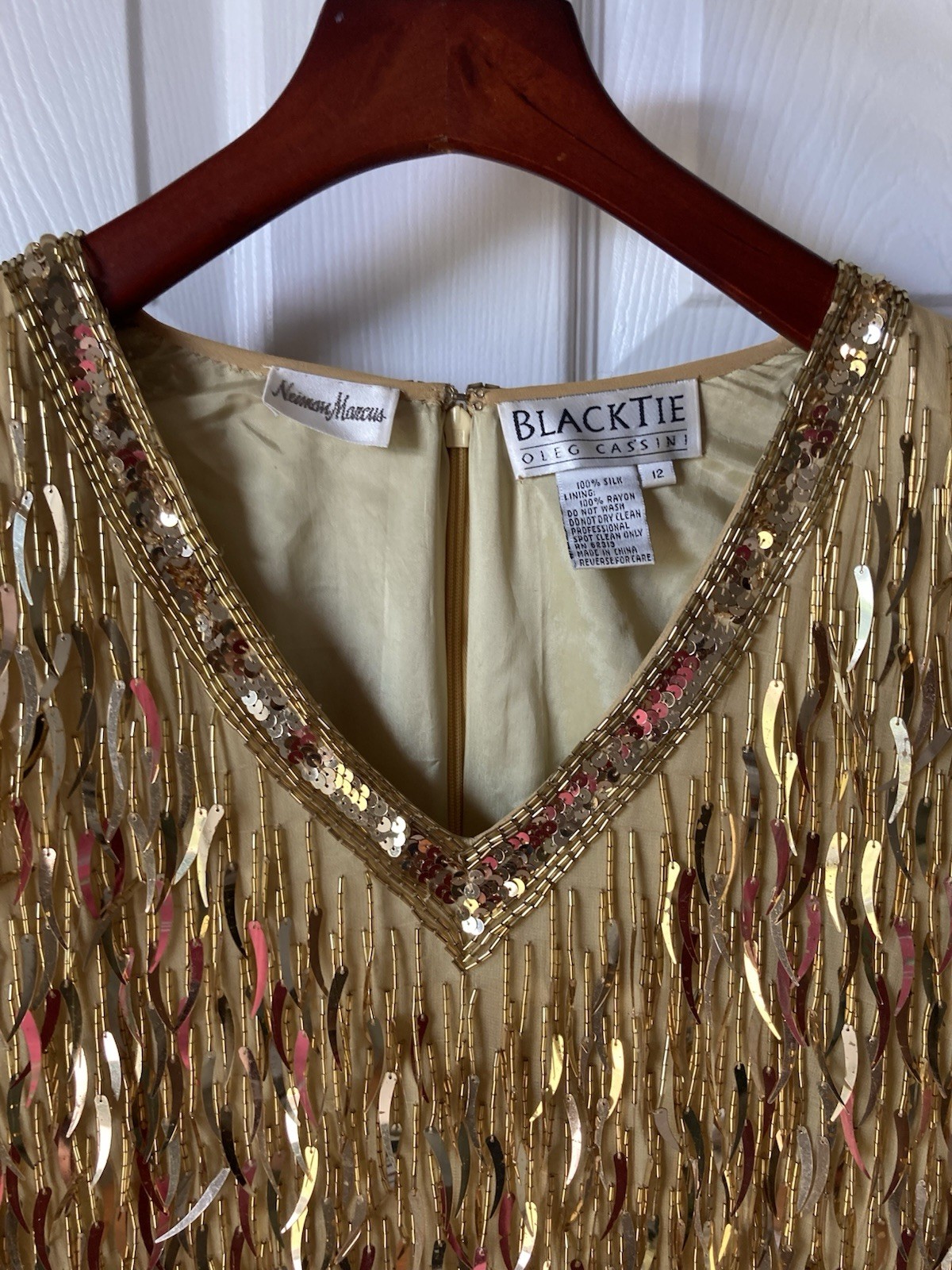 Oleg Cassini Blacktie Gold Sequin Vintage Beaded Dress 10 100% Silk