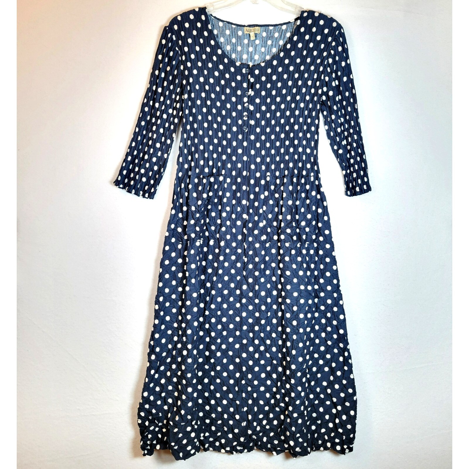 Alquema Womens Smash Pocket Crinkle Midi Dress Size 1 Blue Polka Dot Retro