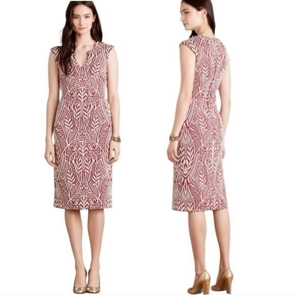 HD in Paris Jacquard Print Sheath Dress Bodycon Red Ivory
