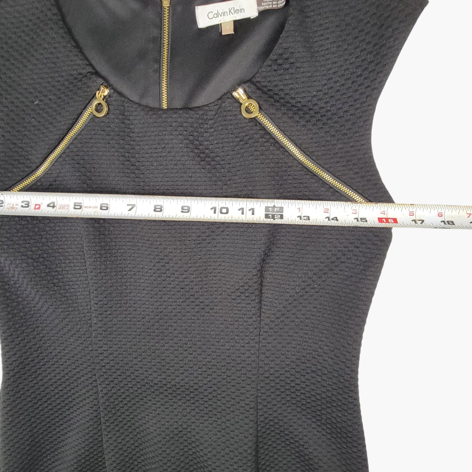 Calvin Klein Black Sheath Dress with Textured Fabric and Gold Zipper Accents