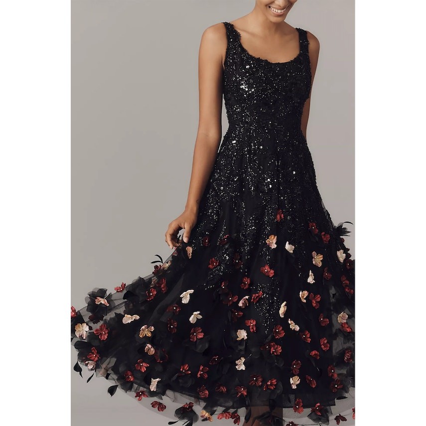 NEW Mag Duggal Sequin Floral Appliqué 3D FlowersBlack Midi Dress Size 10