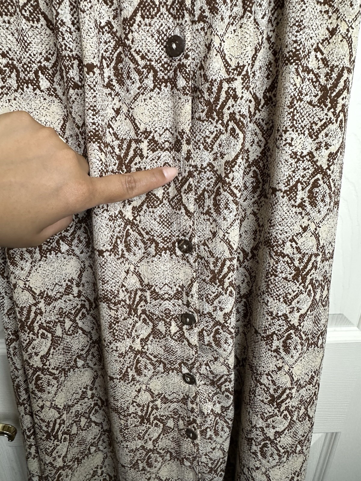 Angie Snake Skin Cream Brown Long Flowy Button Cottage Midi Dress Small