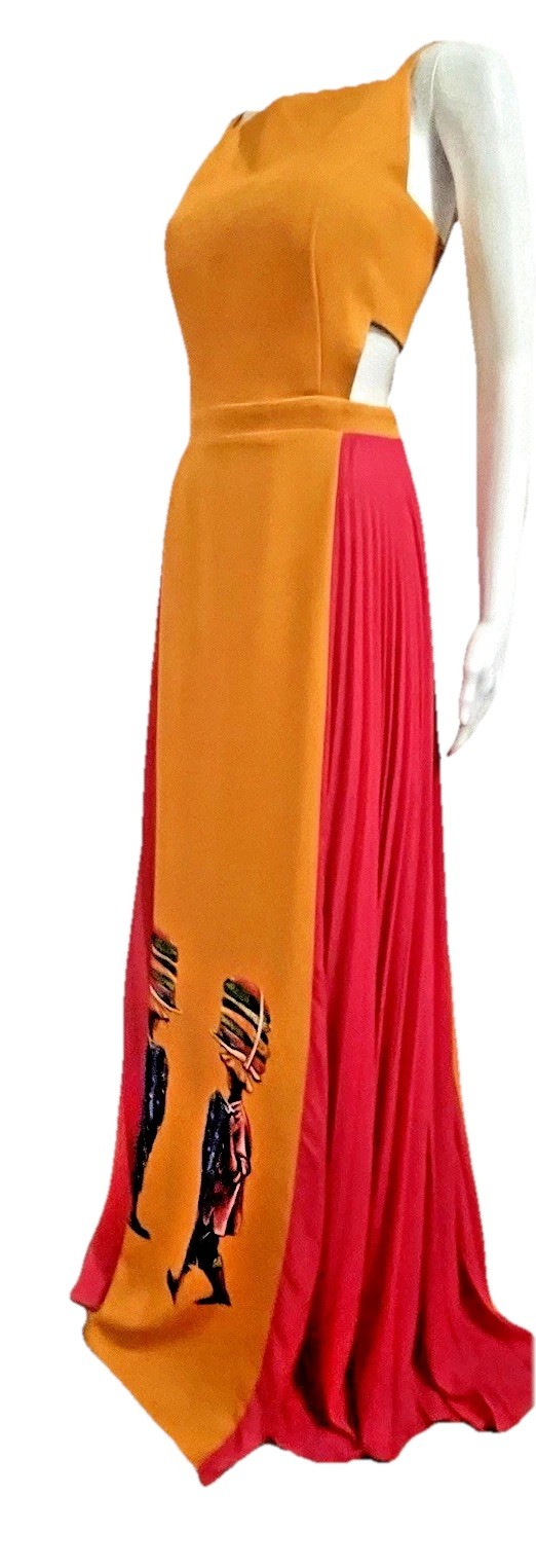 Racine Mode Size 4 Orange Fuschia African Print Pleated Maxi Dress Bloggers Fave