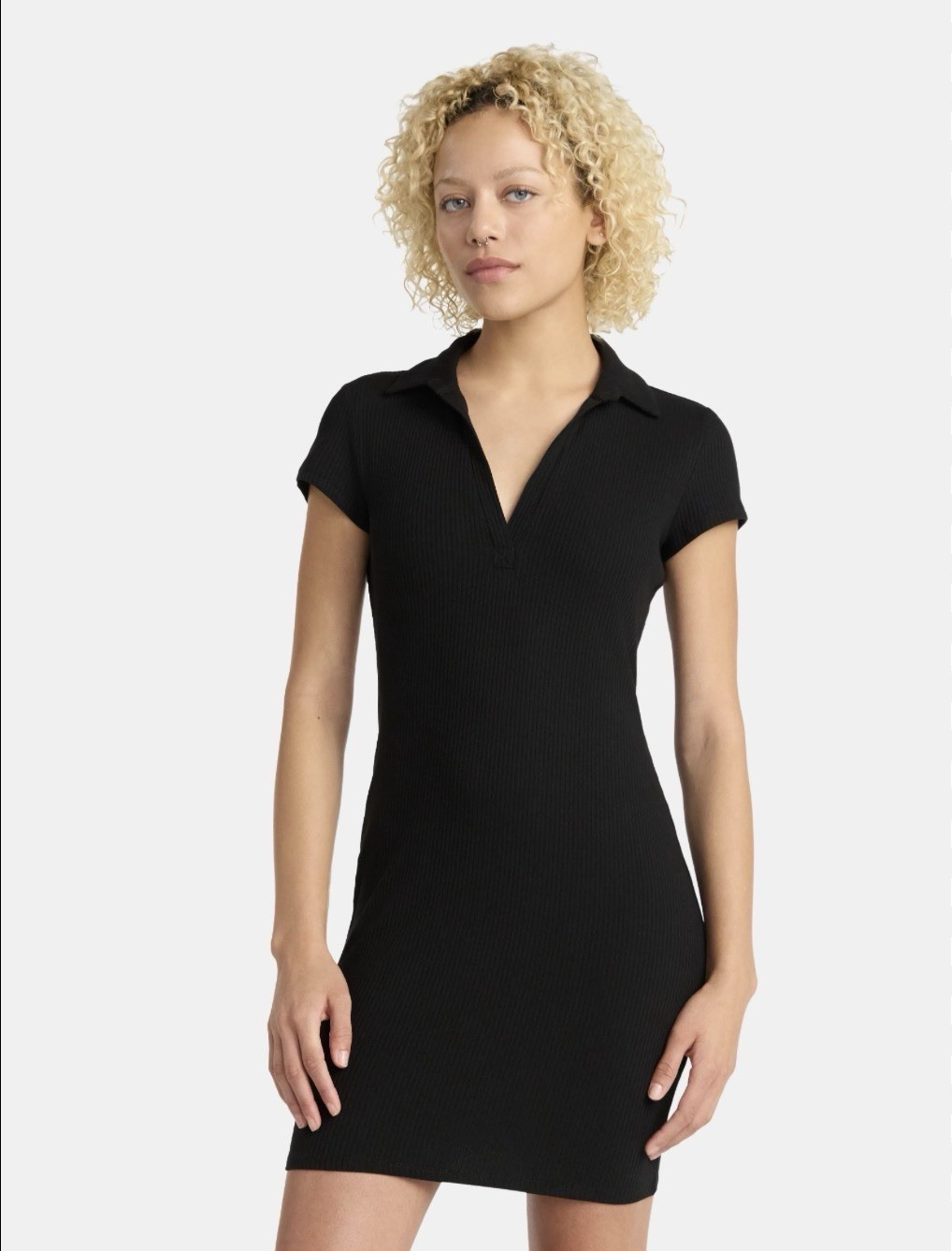 No Boundaries Black Ribbed Knit Collared Polo T-Shirt Dress Short Sleeve L