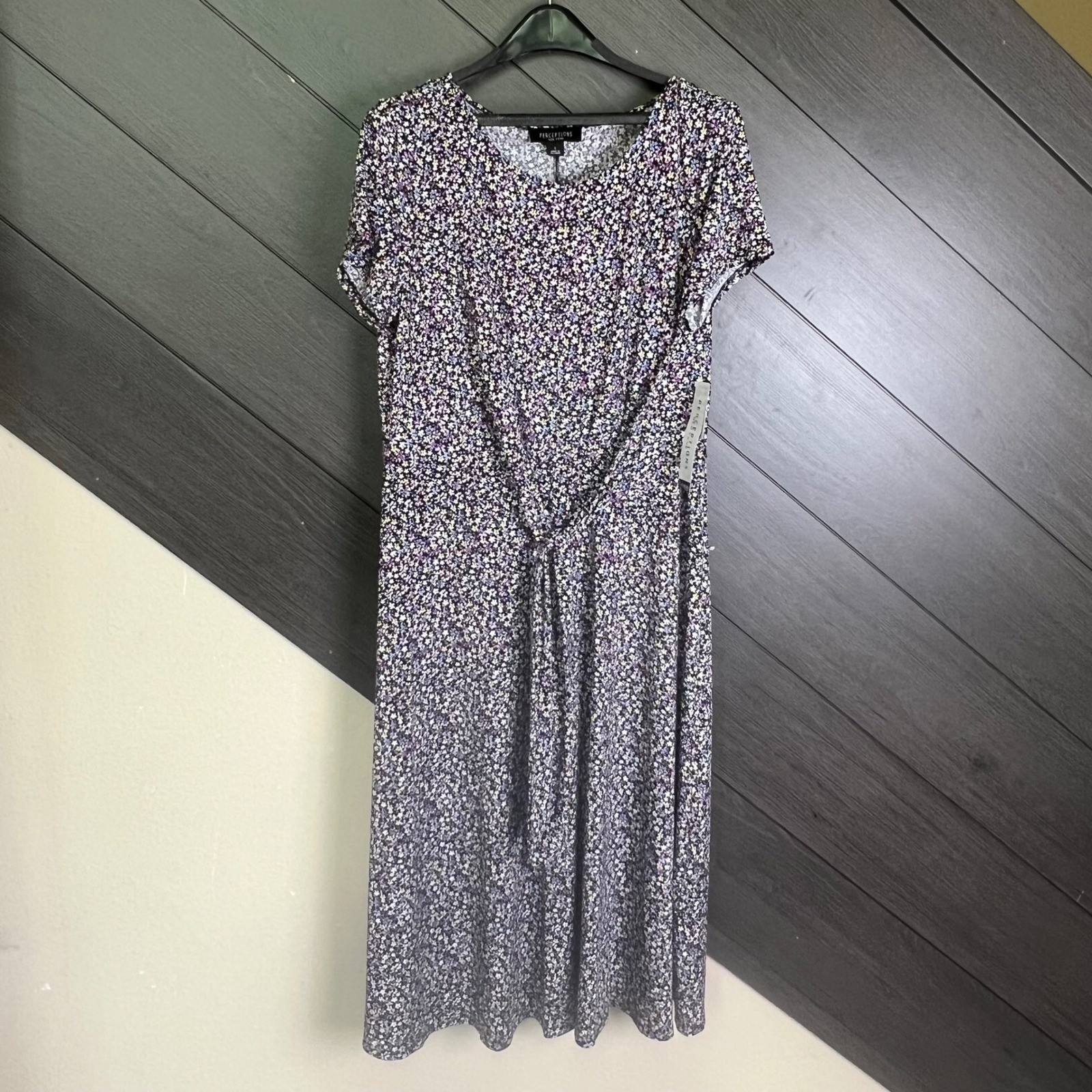 Perceptions New York Women Floral Tie Front Midi Dress Purple Short Sleeve NWT L