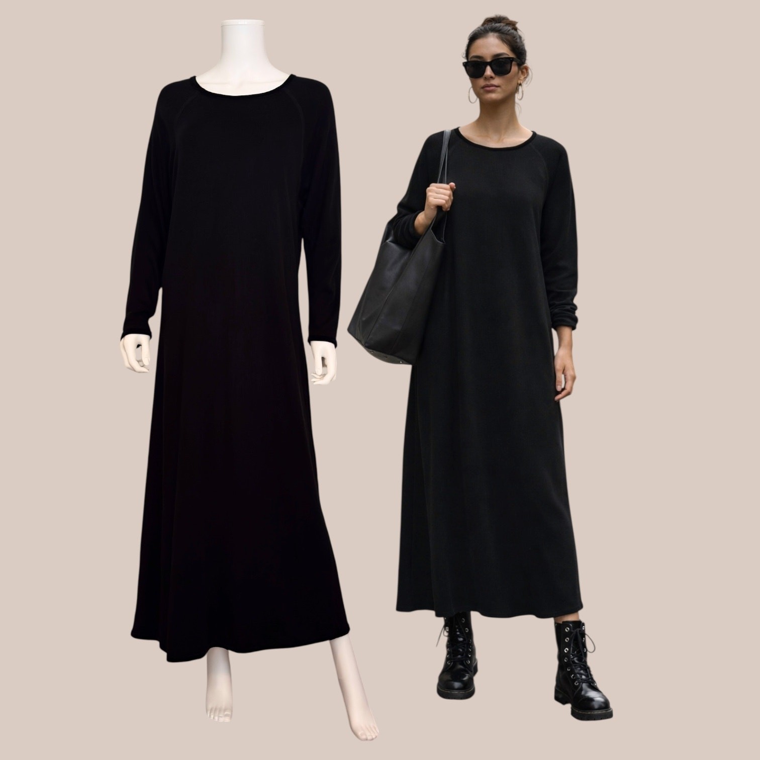Black Minimalist Maxi Dress Soft Knit Raglan Sleeve Sweatshirt Size XL Oversized