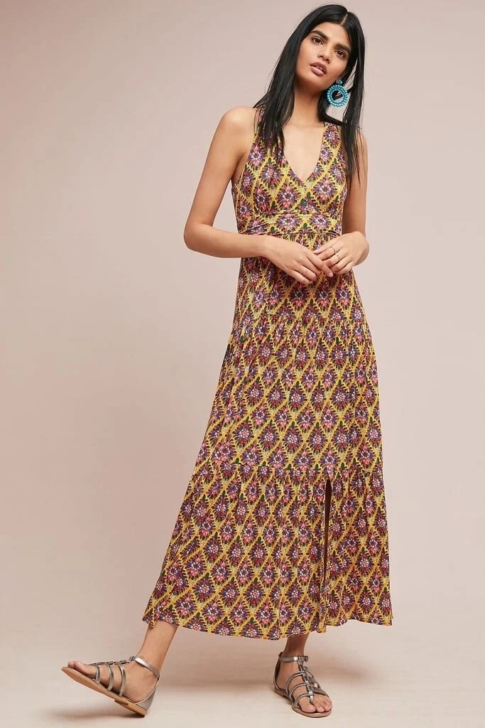 MAEVE Anthropologie Luella Printed-Tiered Halterneck Maxi Dress XS NWOT
