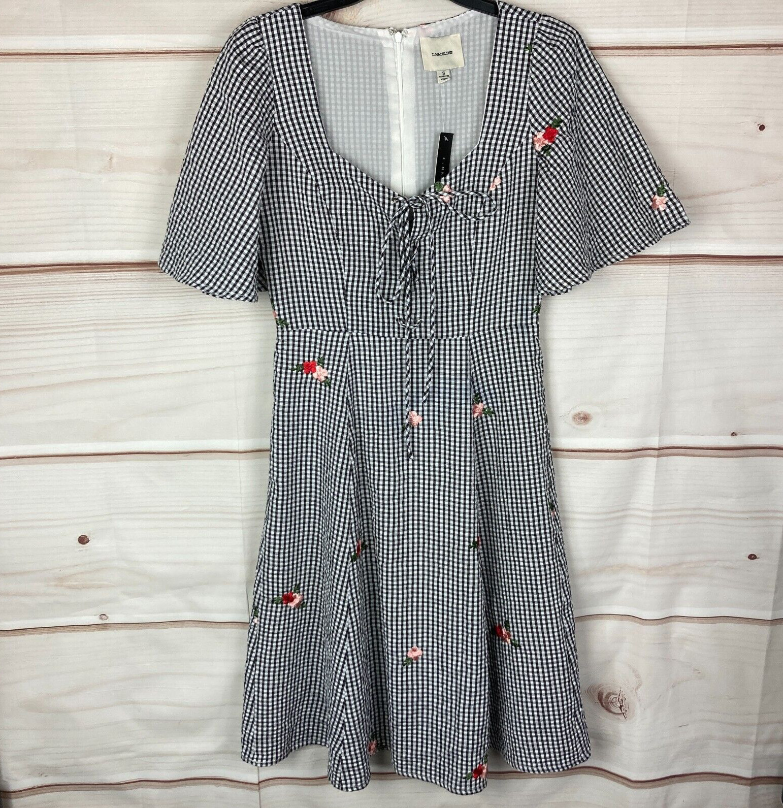 I. Madeline Dress Womens Small Gingham Flutter Sleeve Floral Embroidered A-Line