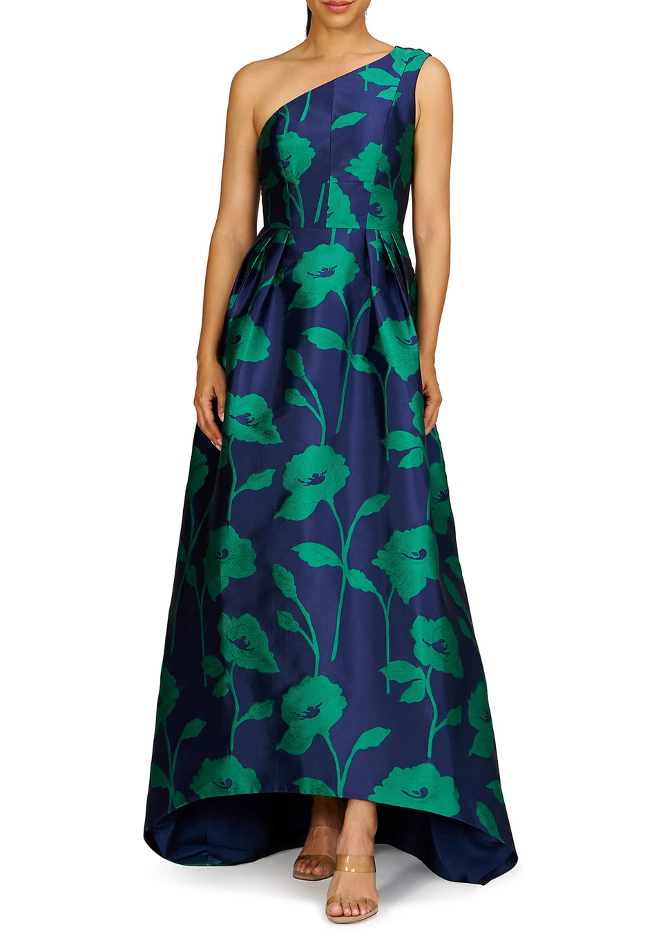 Kay Unger Navy Blue Green Tiara Floral Print One-Shoulder Gown Size 0 $398