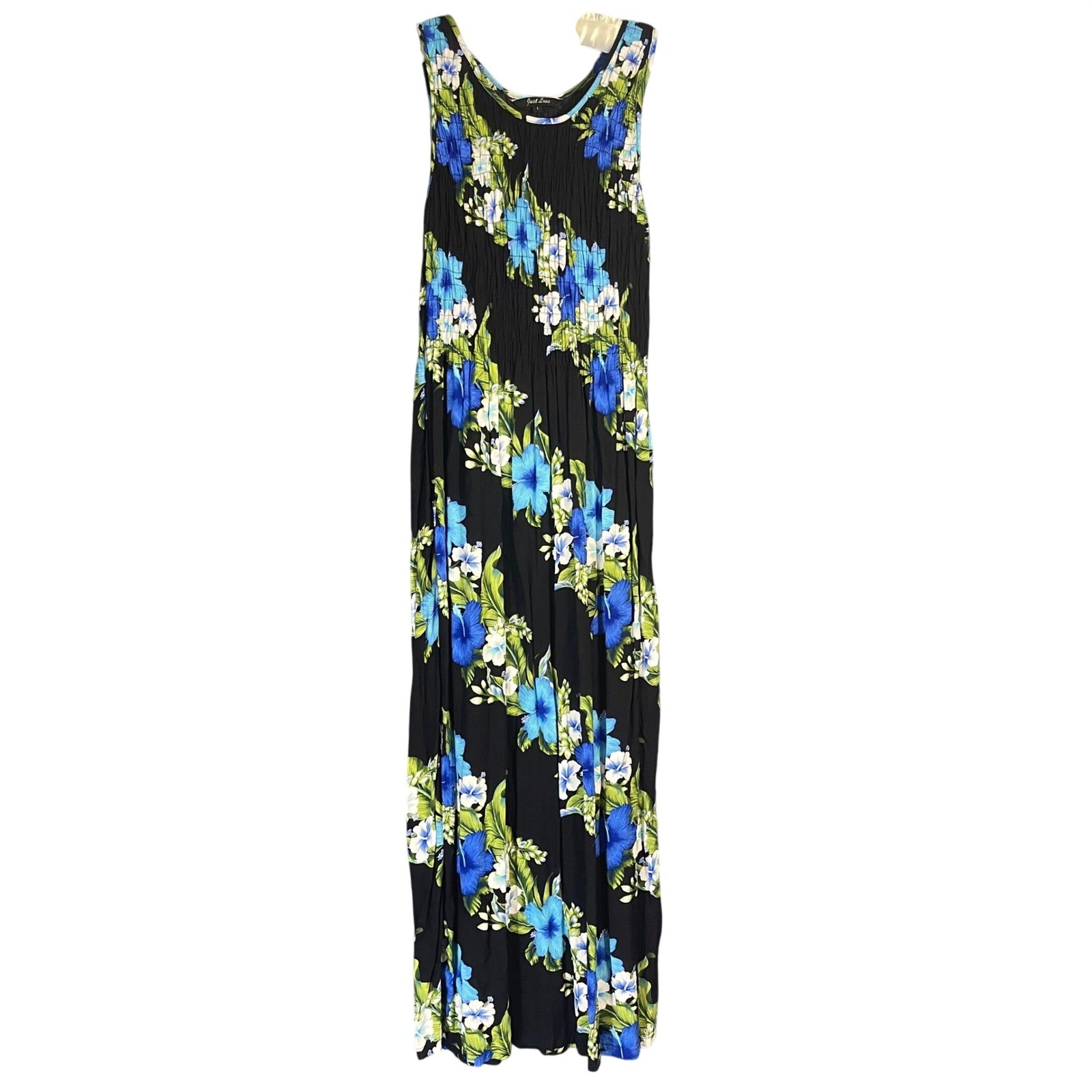 Just Love Maxi Dress Womens L Black Blue Floral Smocked Tropical Vacation Summer