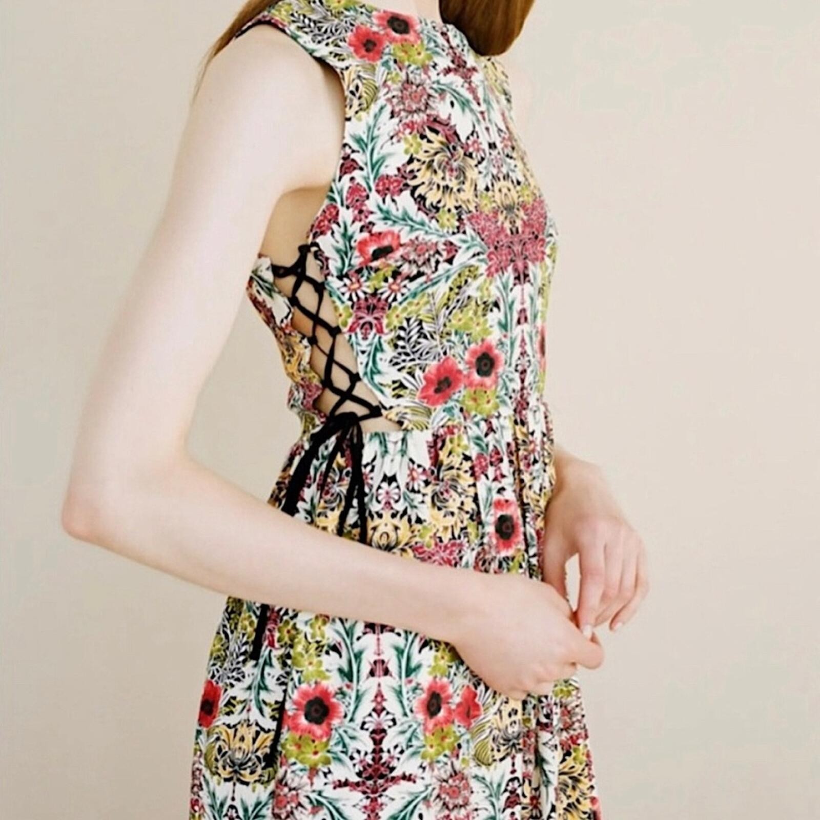 TOPSHOP Garden Floral Print Boho Peekaboo Sides Black Lace-Up Sleeveless Dress