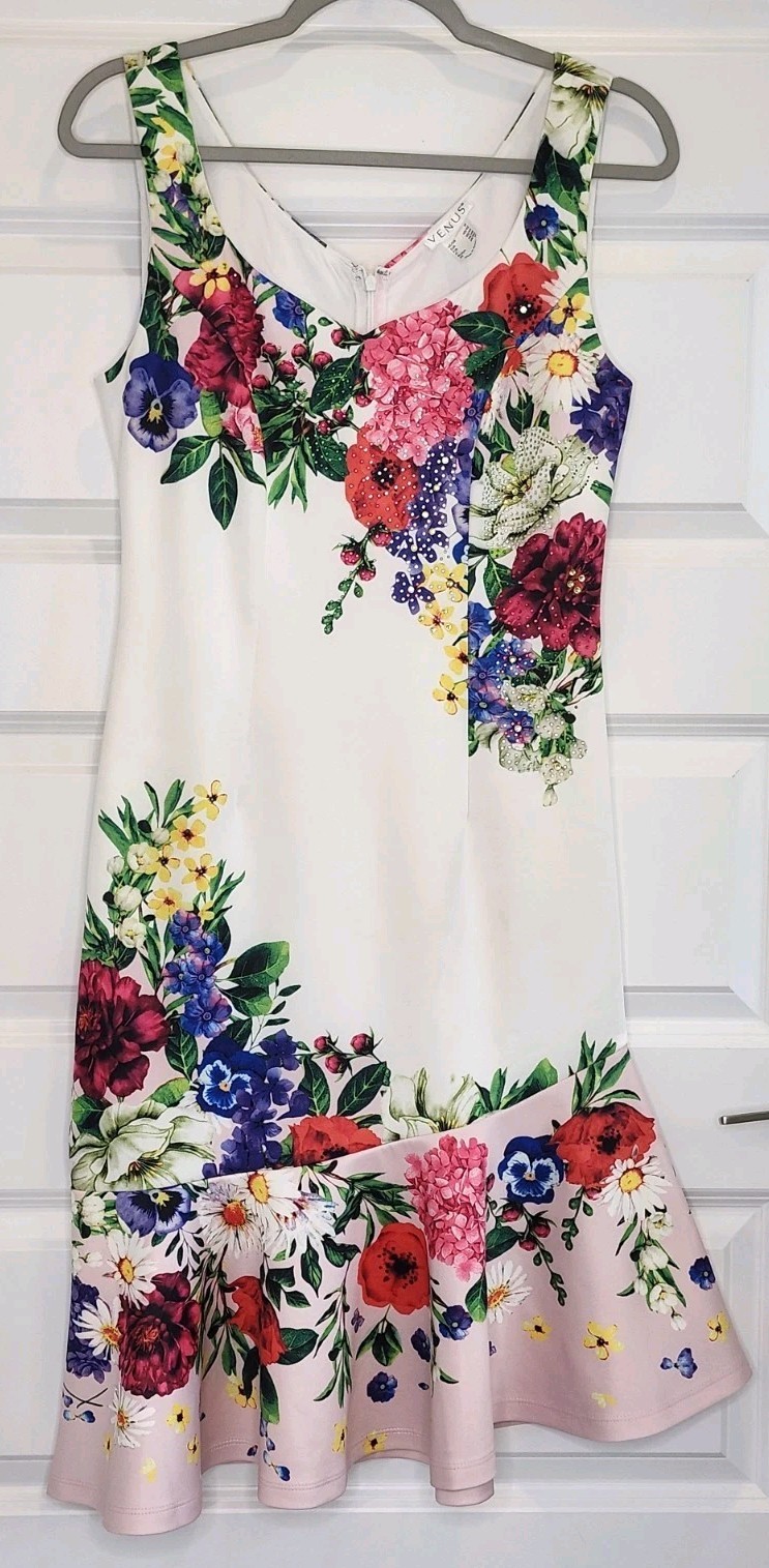 VENUS White Floral Rhinestone Embellished Ruffle Trim Sleeveless Dress Size M