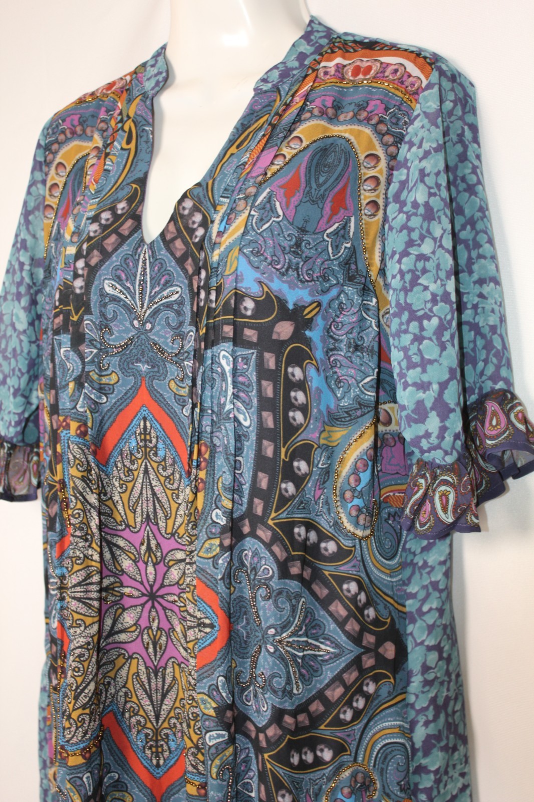NIZA Spain Blue Paisley Shift Dress Beaded Bohemian Ruffle Sleeve Tunic Size 10