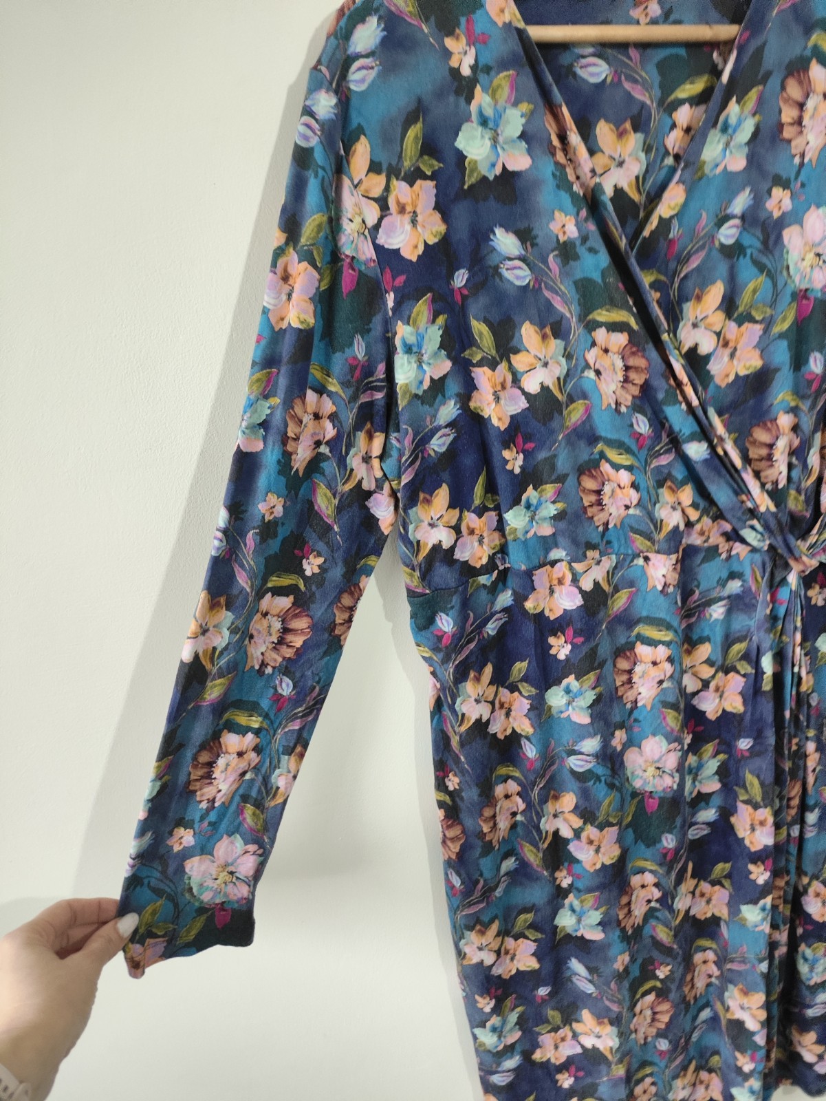 Joe Browns Midi Dress size 18 Blue Floral Casual Long Sleeve Wrap Vneck Folklore