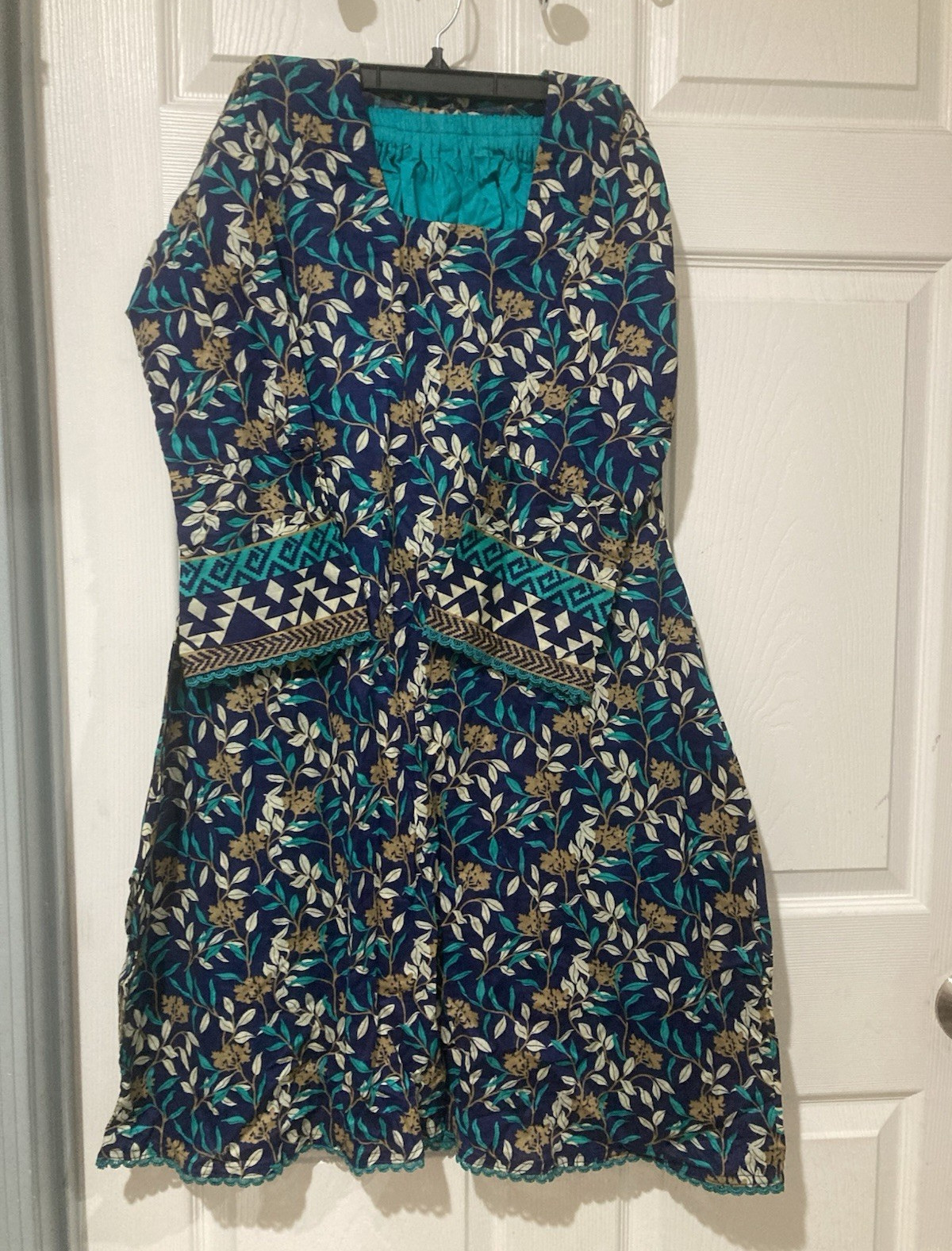Women’s Blue Green White Floral Maxi Dress Knee Length 3/4 Sleeve Size S