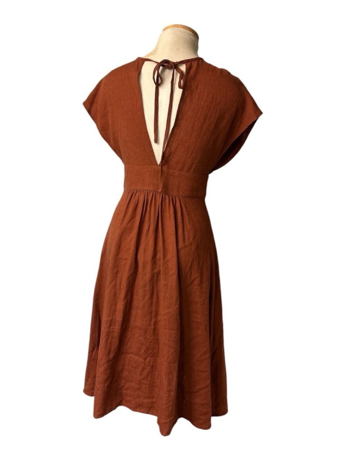 Charlie Holiday Rust Button Down Plunge Neckline Midi Dress Linen Size 2