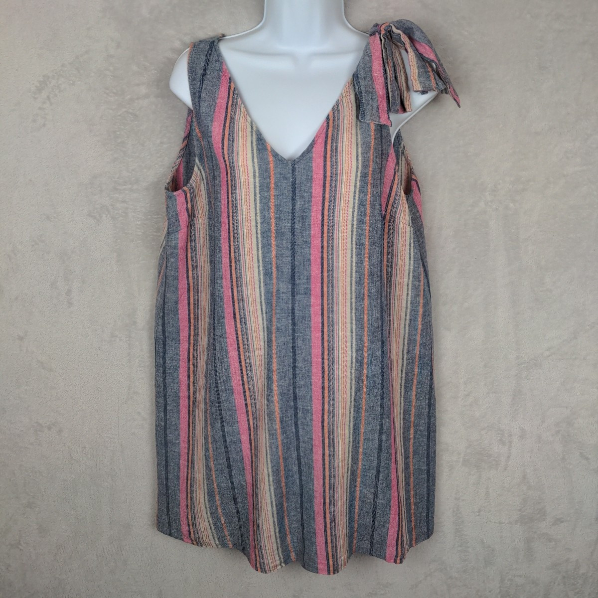 Cremieux Tunic Dress Women Large Blue Stripe Linen Blend Sleeveless Beach Resort
