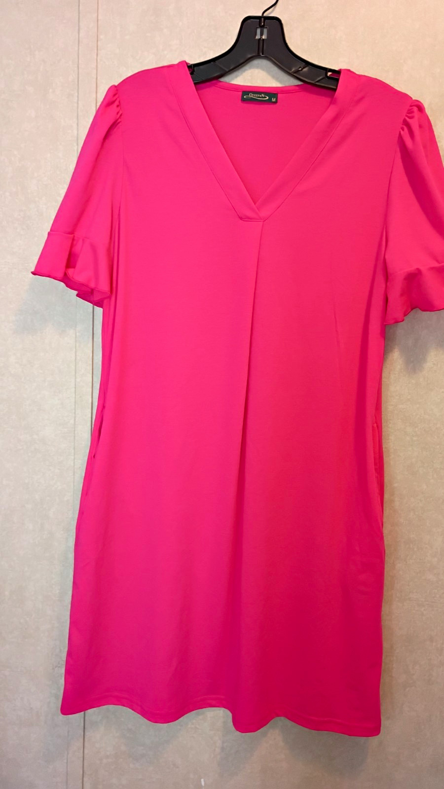 Ofeefan Womens Pink V-Neck Flutter Sleeve Shift Dress Pockets Knee M