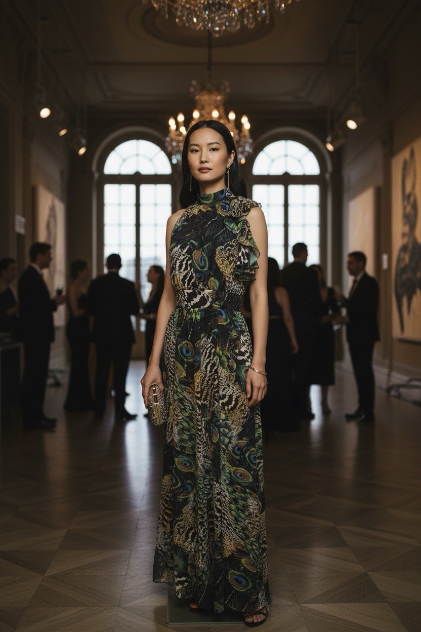 Apart Glamour Halter-style Multicolored Peacock Feather Print & Ruffle Detail