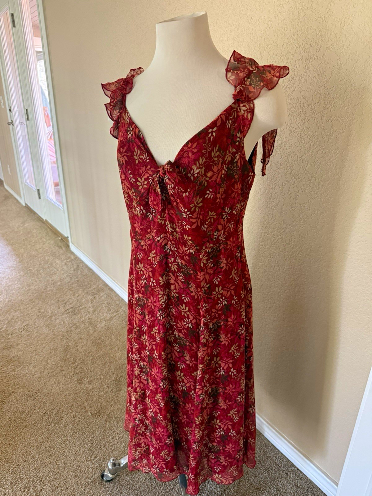 Nine West Women’s 14 Red Floral Silk Chiffon V-Neck Sleeveless Midi Dress